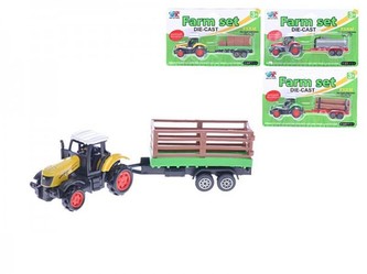 Traktor kov s vlečkou 16cm; 4 druhy; na kartě - 1 kus
