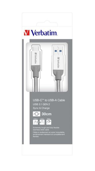 Verbatim USB-A 3.1 na USB-C 2.0 30cm, SYNC + CHARGE strieborný Verbatim USB-A 3.1 na USB-C 2.0 30cm, SYNC + CHARGE strieborný