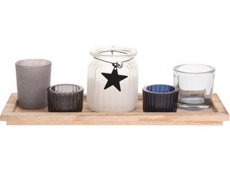 svícen 33x12cm dřevěný + 5 x svícen sklo