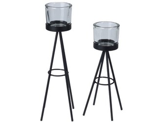 svietnik na nôžkach sada 2diel. (19x8cm, 24x8cm) sklo/kov.ČER