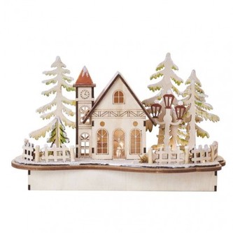 LED dekorace dřevěná – zasněžený kostel, 15 cm, 2x AA, vnitřní, teplá bílá, časovač