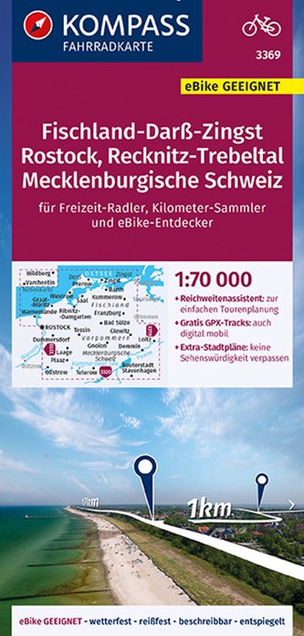 KOMPASS Fahrradkarte Fischland-Darß-Zingst, Rostock, Recknitz-Trebeltal, Mecklenburgische Schweiz 3369, 1:70 000