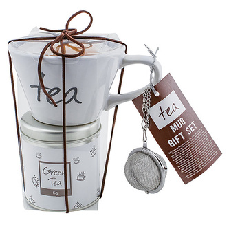Dárková sada, Zelený čaj 5 g, bílý keramický hrnek s nápisem 200 ml, sušenka 7 g, sítko