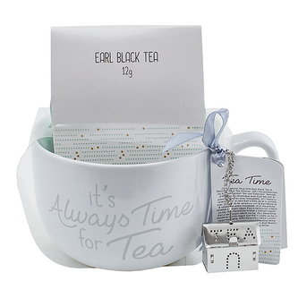 Dárková sada, Černý čaj 12 g, bílý keramický hrnek s nápisem 500 ml, sítko