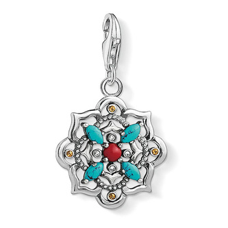 Přívěsek \"Etnický lotosový květ\" Thomas Sabo, 1465-334-7, Charm Club, 925 Sterling silver, blackened, glass-ceramic stone, simulated coral/turquoise, zirconia