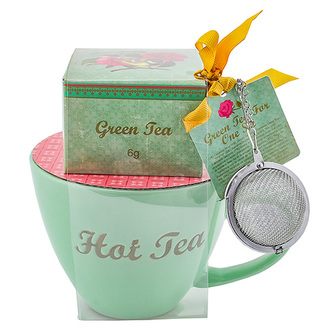 Dárková sada, Zelený čaj 6 g, zelený keramický hrnek s nápisem 300 ml, sítko