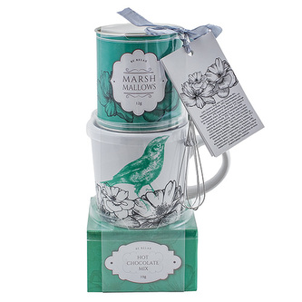 Dárková sada, Čokoláda 19 g, hrnek s motivem květin a ptáčka 200 ml, plechová dóza s Marshmallow 12 g, metlička