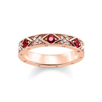 Prsten \"Asijské ornamenty\" Thomas Sabo, TR2163-626-10-54, Sterling Silver, 925 Sterling silver, 18k rose gold plating, synthetic corundum dark red, zirconia white