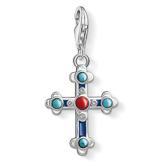 Přívěsek \"Etnický kříž\" Thomas Sabo, 1466-335-7, Charm Club, 925 Sterling silver, cold enamel, simulated coral/turquoise, zirconia