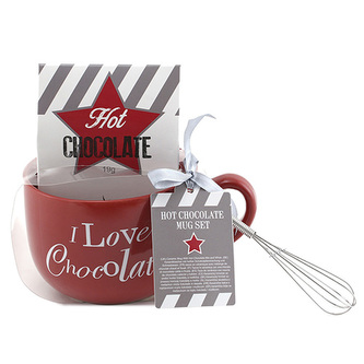 Dárková sada, Čokoláda 19 g, červený keramický hrnek s nápisem 500 ml, metlička