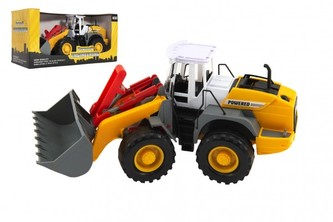 Stavební stroj nakladač/bagr plast 36cm na setrvačník v krabici 39x20x17cm