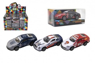 Auto závodní kov/plast 8,5cm na zpětné natažení mix barev v krabičce 10x4,5x5cm 48ks v boxu