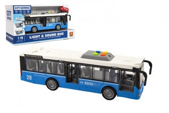 Autobus plast 28cm modrý na zotrvačník na bat. so svetlom so zvukom v krabici 32x17x11cm