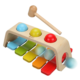 Zatĺkačka/Xylofón 2v1 drevo 29x18cm s kladivkom s guľami v krabici 30x19x11cm 12m+