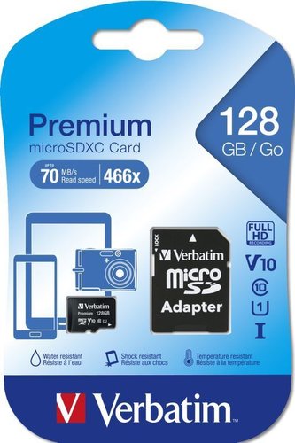 SDXC 128GB micro paměťová karta PREMIUM UHS-I (U1) (70MB/s), V10, Class 10 + adapter Verbatim