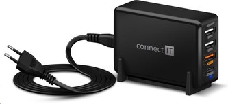 CONNECT IT Fast Charge nabíjecí adaptér 3xUSB-A + 1xUSB-C, QC, 65W PD, černý
