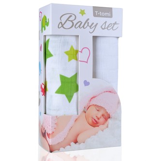 Baby set - bambusová osuška green stars / zelené hvězdičky + bambusová osuška white / bílá
