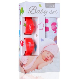 Baby set - bambusová osuška pink elephants / růžoví sloni  + kočárkový kolíček red / červená