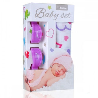 Baby set - bambusová osuška hearts / srdíčka + kočárkový kolíček lilac / fialová