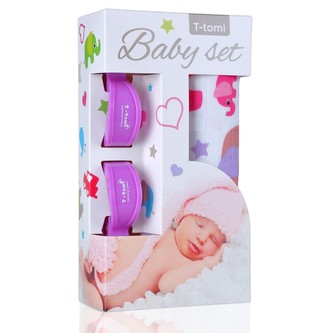 Baby set - bambusová osuška pink elephants / růžoví sloni + kočárkový kolíček lilac / fialová