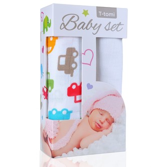 Baby set - bambusová osuška cars / auta + bambusová osuška white / bílá