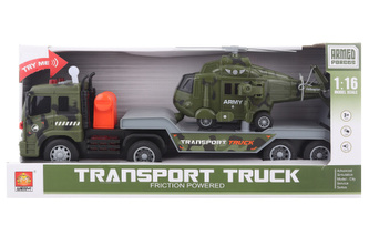 Vojenský kamión s helikoptérou na batérie