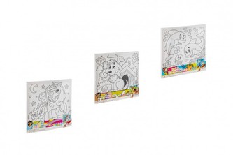 Malířské plátno s předtištěným obrázkem s barvami se štětci 3 druhy ve fólii  29,7x29,7x1,5cm
