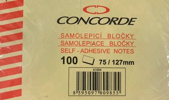 Samolepicí bloček CONCORDE 75x127mm, 100l., žlutá
