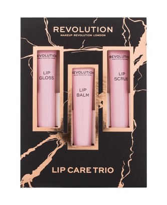 Makeup Revolution London Lip Care Trio balzám na rty Lip Balm 8 ml + lesk na rty Lip Gloss 8 ml + peeling na rty Lip Scrub 8 ml
