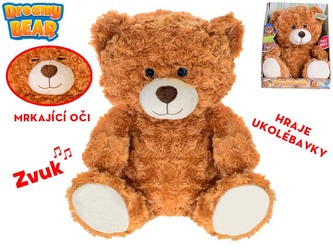 Medvěd plyšový 34cm sedící mrkající oči na baterie hrající ukolébavky 6m+ v krabičce