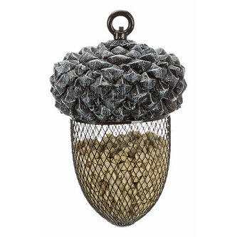 Žaluď - zásobník na vtáčie krmivo, 700 ml/14×22 cm, živica/kov, hnedá/biela