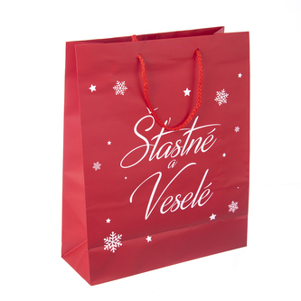 Taška dárková červená Šťastné a Veselé 26x10x32 cm