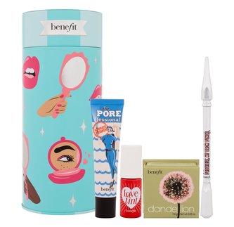 Benefit Destination Celebration tvářenka Dandelion 7 g + podkladová báze The Porefessional 22 ml + rtěnka Lovetint 6 ml + tužka na obočí Precisely, My Brow Pencil 0,08 g No. 3,5 + plechová krabička