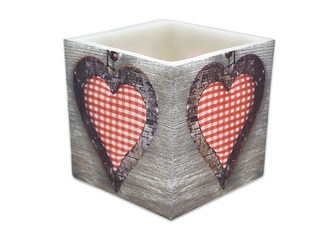 Lampion vosk srdce ve dřevě hranatý 12,5x12,5 cm