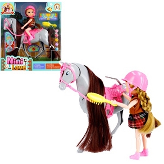 Pohyblivá panenka s helmou s koněm a doplňky