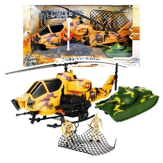 Vojenský vrtulník na baterie s vojáky a tankem - světlo, zvuk