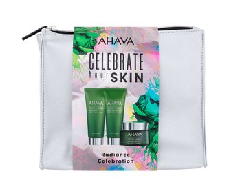 AHAVA Celebrate Your Skin denní pleťový krém Mineral Radiance Energizing Day Cream Broad Spectrum SPF15 50 ml + čisticí gel Mineral Radiance Cleansing Gel 100 ml + pleťová maska Mineral Radiance Instant Detox Mud Mask 100 ml + kosmetická taštička