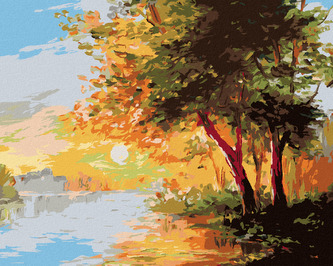 Malování podle čísel - ŘEKA V JARNÍM LESE A ZÁPAD SLUNCE - 80x100 cm, bez rámu a bez vypnutí plátna