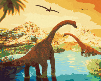 Malování podle čísel - KRÁSNÁ KRAJINA S DINOSAURY - 80x100 cm, vypnuté plátno na rám
