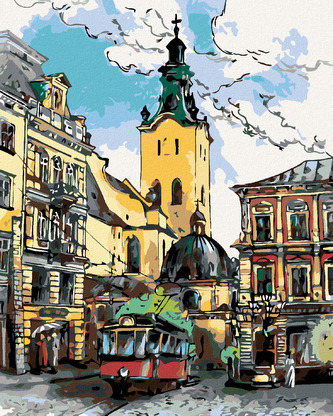 Malování podle čísel - TRAMVAJ NA NÁMĚSTÍ - 80x100 cm, bez rámu a bez vypnutí plátna