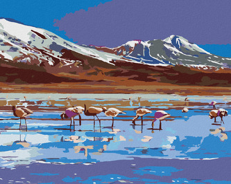 Malování podle čísel - JEZERO S PLAMEŇÁKY - 80x100 cm, bez rámu a bez vypnutí plátna
