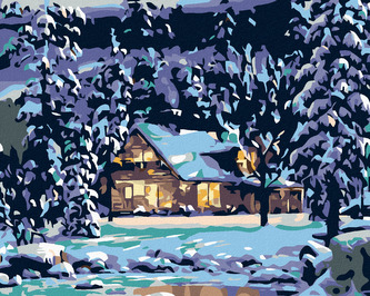 Malování podle čísel - ZASNĚŽENÝ SRUB V LESE - 80x100 cm, vypnuté plátno na rám