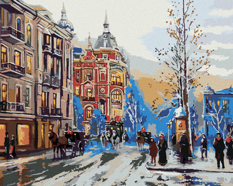 Malování podle čísel - ZIMNÍ MĚSTSKÁ ULIČKA - 80x100 cm, bez rámu a bez vypnutí plátna