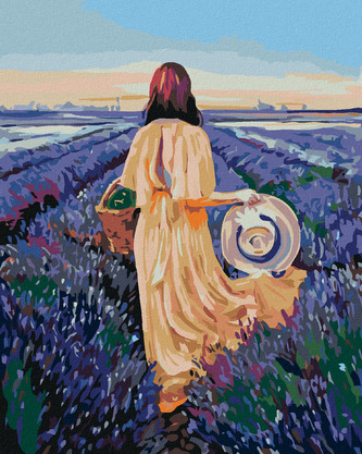 Malování podle čísel - ŽENA S KOŠÍKEM A LEVANDULOVÉ POLE - 40x50 cm, vypnuté plátno na rám