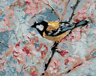 Malování podle čísel - PTÁČEK A RŮŽOVÉ KVĚTINY - 80x100 cm, vypnuté plátno na rám