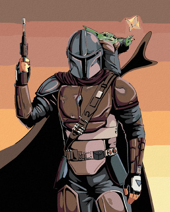 Malování podle čísel - MANDALORIAN A BABY YODA - 80x100 cm, vypnuté plátno na rám