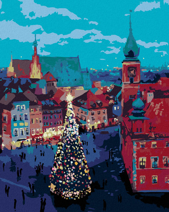 Malování podle čísel - VÁNOČNÍ STROMEK PŘED ZÁMKEM VE VARŠAVĚ - 80x100 cm, vypnuté plátno na rám