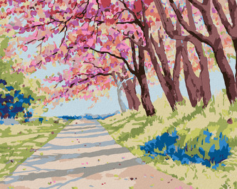 Malování podle čísel - KRAJINA S HIMALÁJSKÝMI TŘEŠNĚMI - 80x100 cm, bez rámu a bez vypnutí plátna