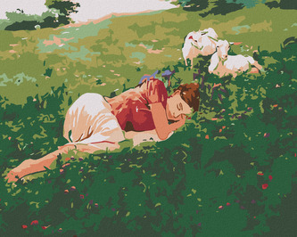 Malování podle čísel - SPÍCÍ ŽENA V TRÁVĚ A KŮZLATA - 80x100 cm, vypnuté plátno na rám