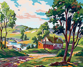 Malování podle čísel - VENKOVSKÉ STAVENÍ U RYBNÍČKU - 80x100 cm, vypnuté plátno na rám